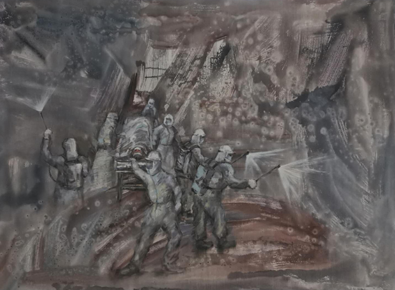 智超作品9《抗疫行动》120X160cm 油画丙烯昆合创作